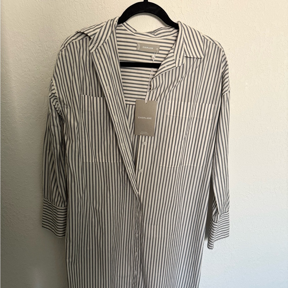 Everlane Navy and White Striped Button-Up Shirt Dress